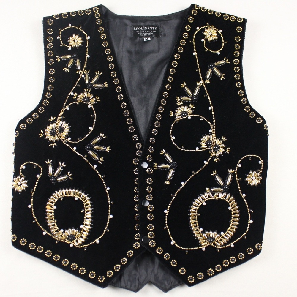 VTG 1995 Sequin‎ City Beaded Velvet Vest Black Gold Floral Western Boho M